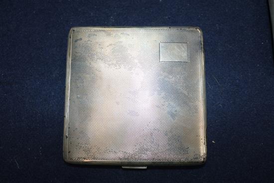 Two silver cigarette cases and a Chinese white metal cigarette case decorated with dragons and prunus, gross weight 8.8 oz.
